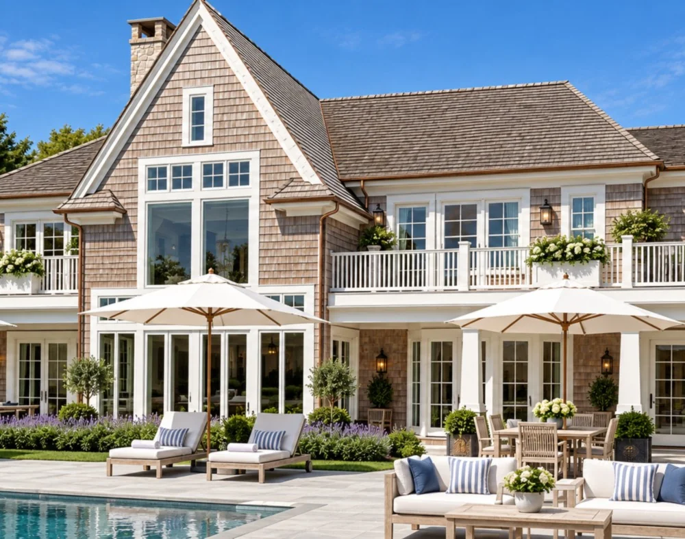 Shingle-style Hamptons estate with a pool and patio