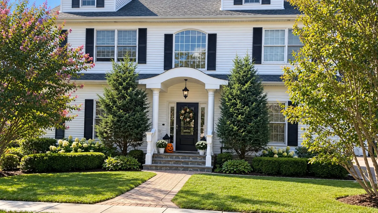 Classic white home with a green front lawn