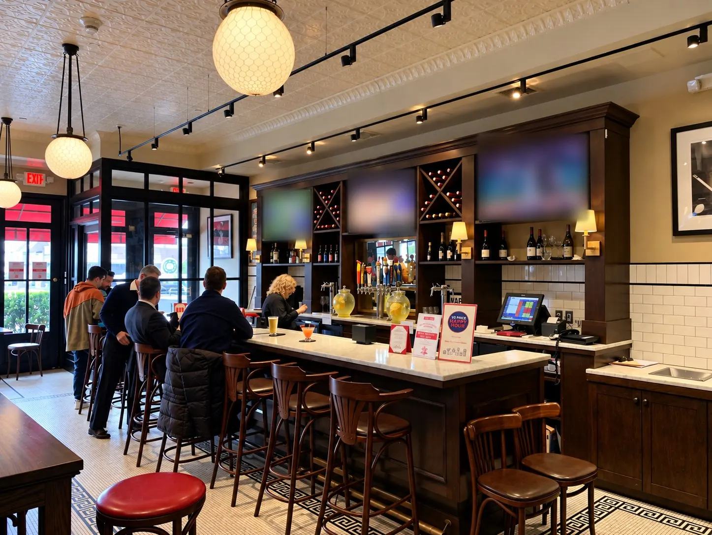 Upscale bar and lounge interior with pendant lighting