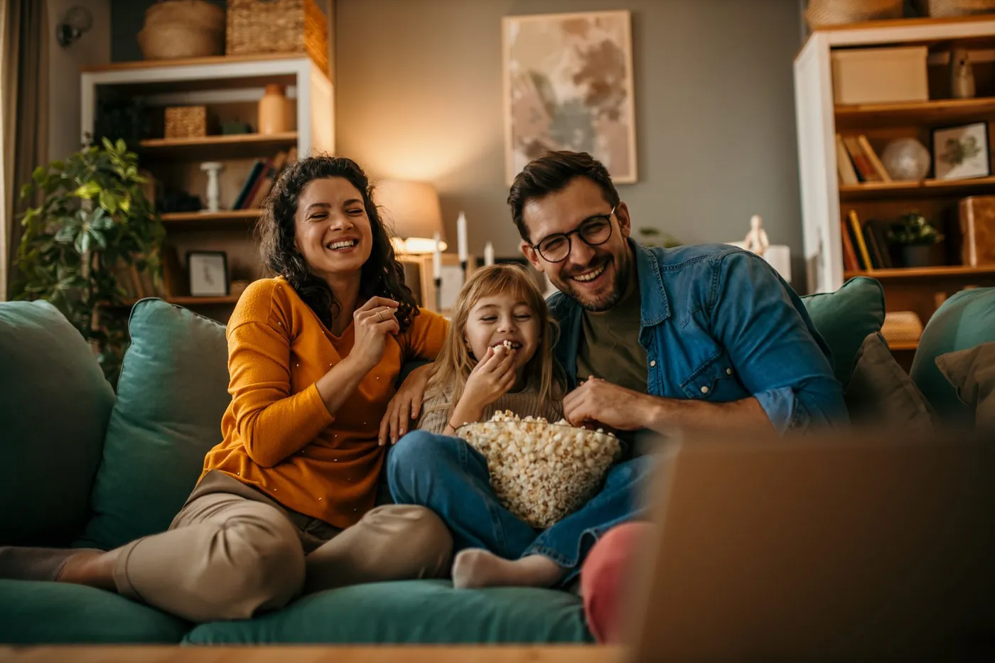 Family relaxing together on a sofa in their bright home