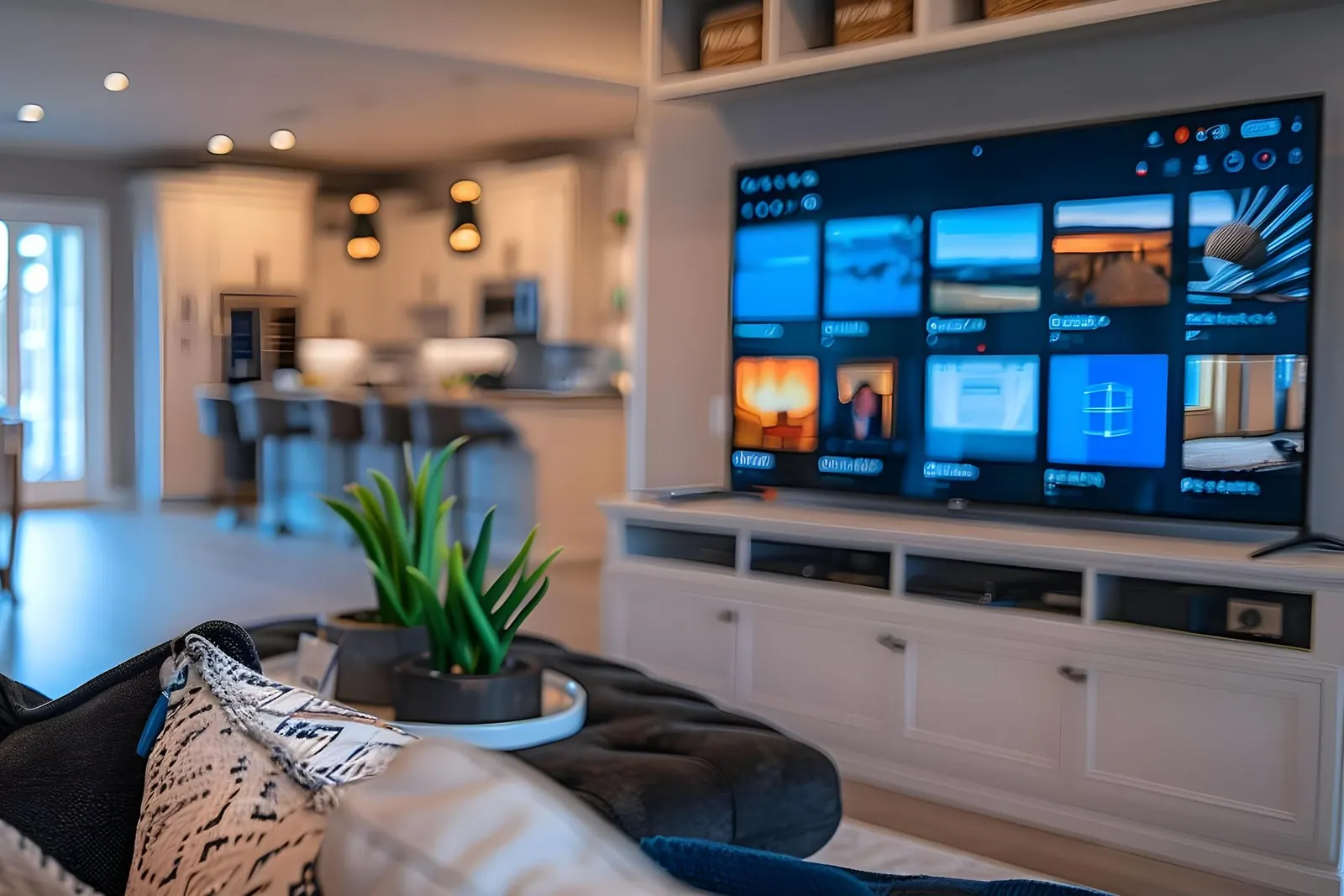 Open kitchen and family room with a wall-mounted smart TV