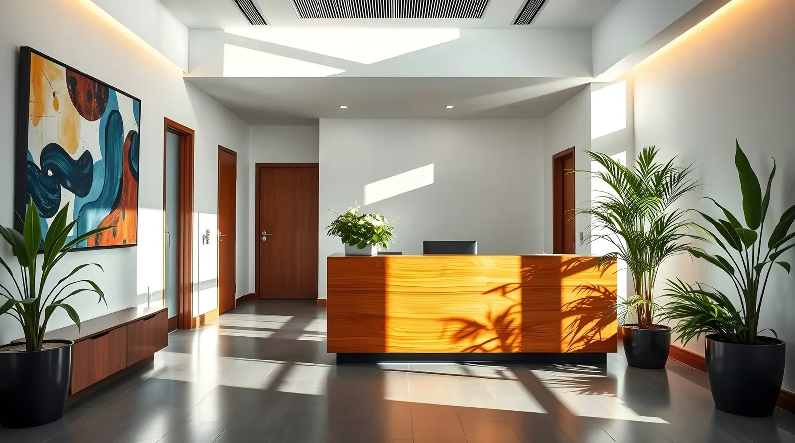 Modern office lobby with a wood reception desk and artwork